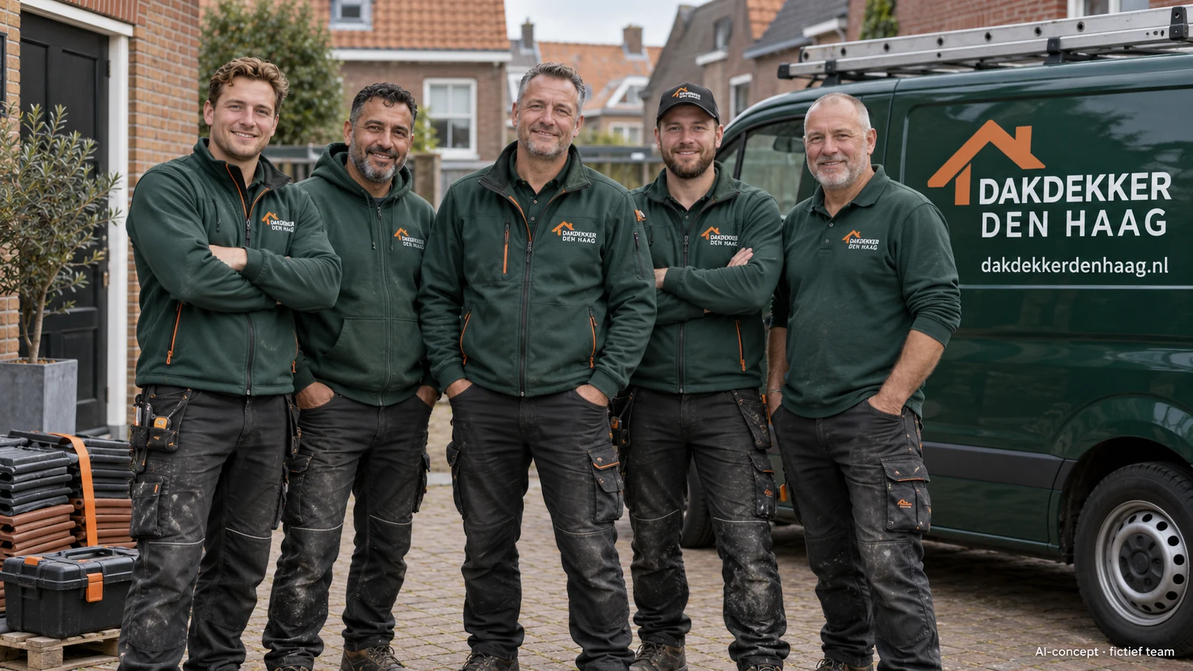 Illustrative AI team in dark green workwear with Dakdekker Den Haag branding